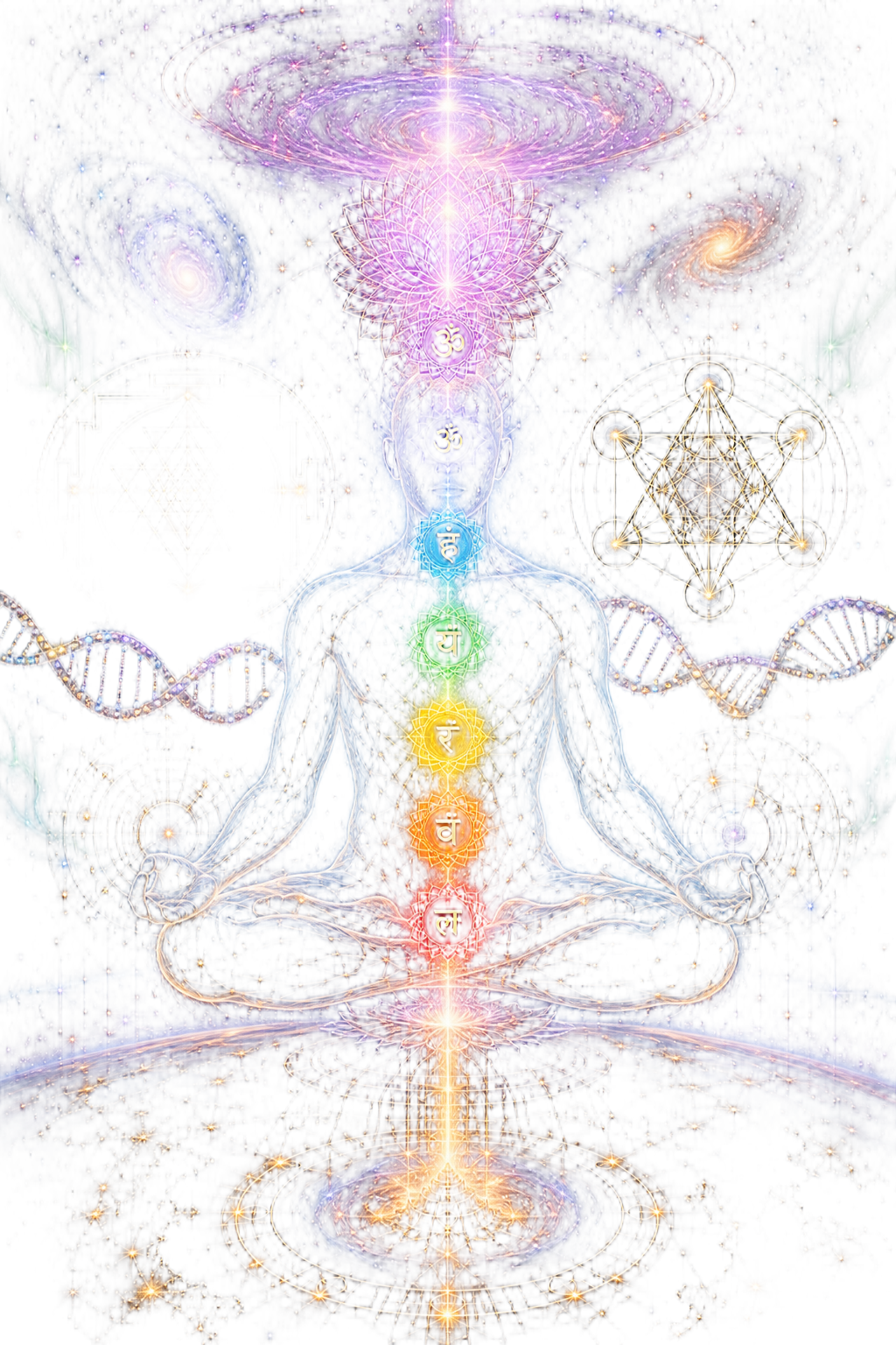 Activated human light body with seven chakras and sacred geometry